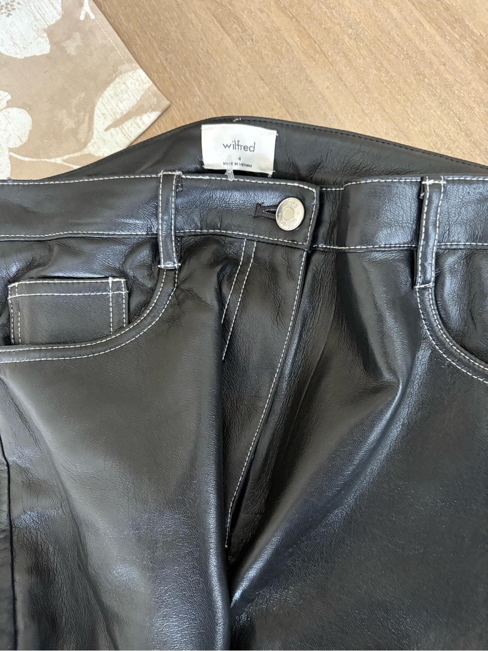 Aritzia Wilfred the Melina Vegan leather black pants white stitch - Picture 3 of 5